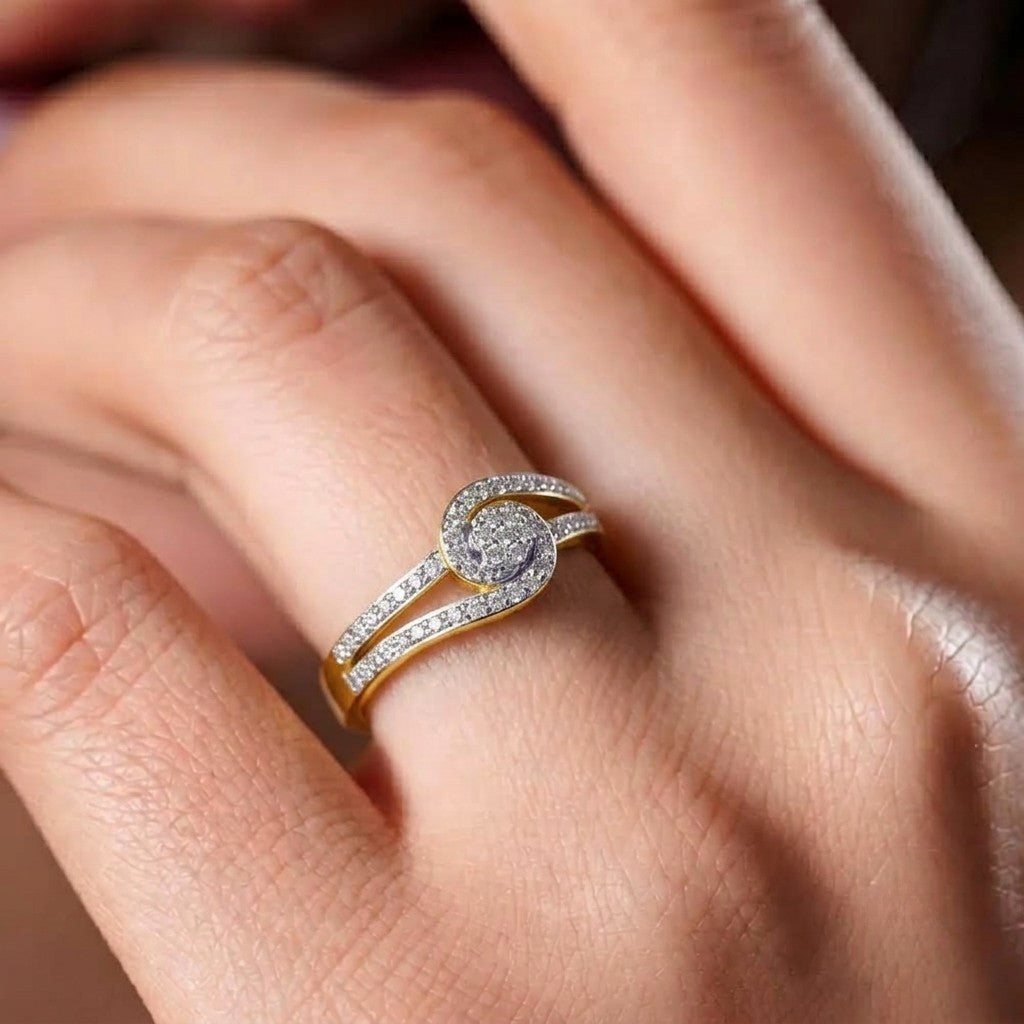 Gold ring with diamonds on a person's finger