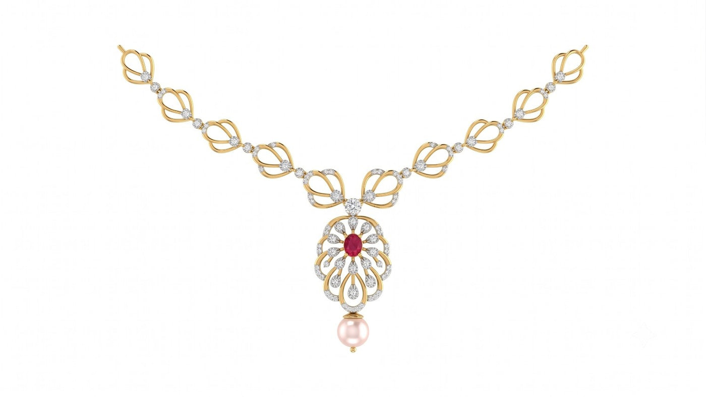 A yellow gold and diamond necklace featuring a central pendant with a red ruby stone, clear diamond accents, set against a plain white background.