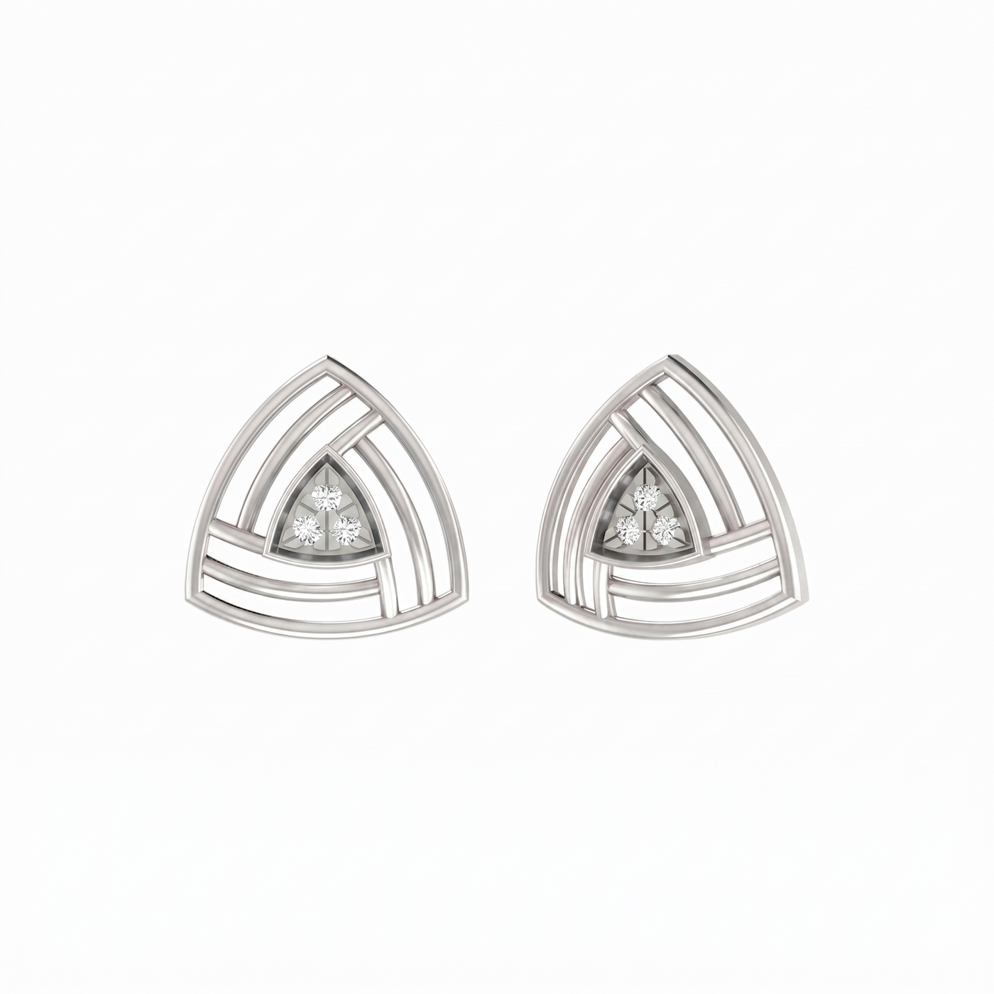 White gold and diamond triangular stud earrings on a white background