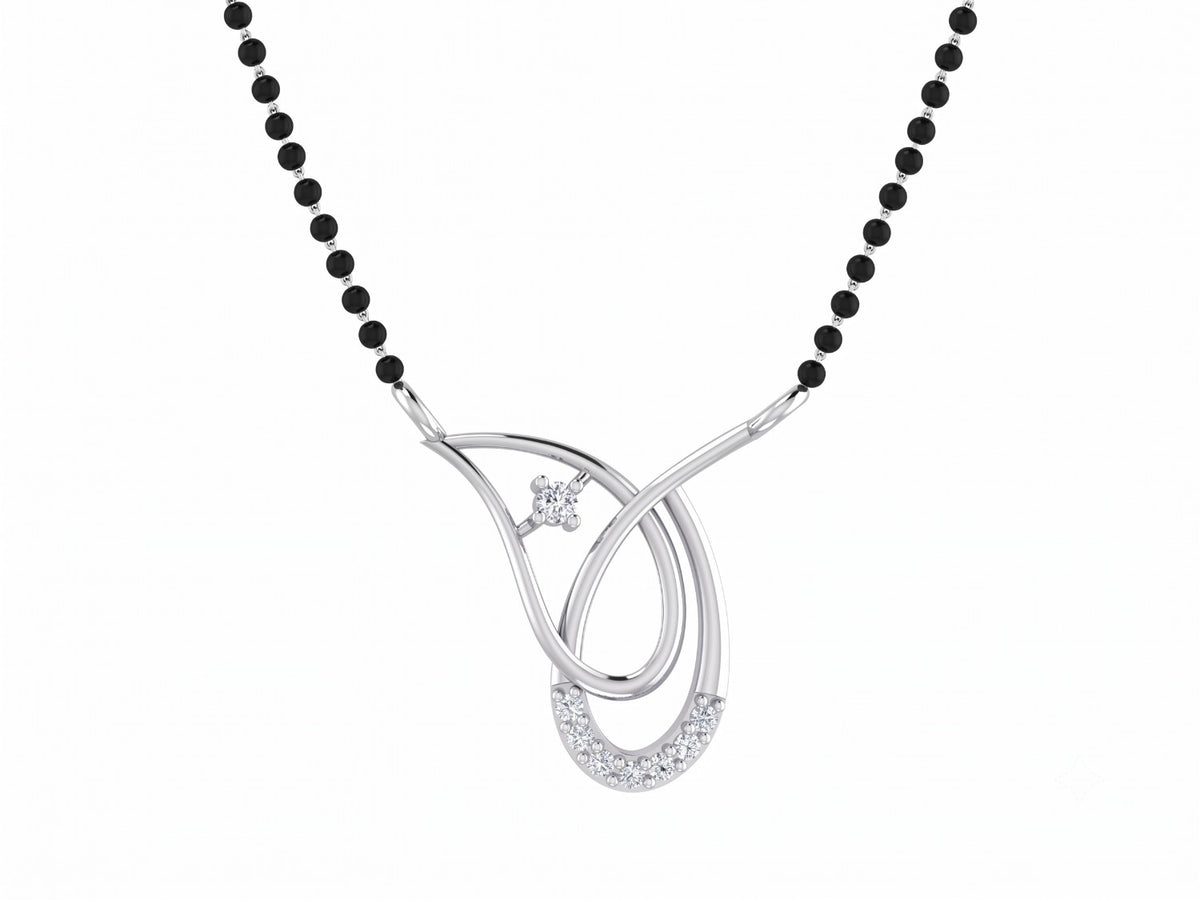 White gold mangalsutra with black beads and a diamond on a white background