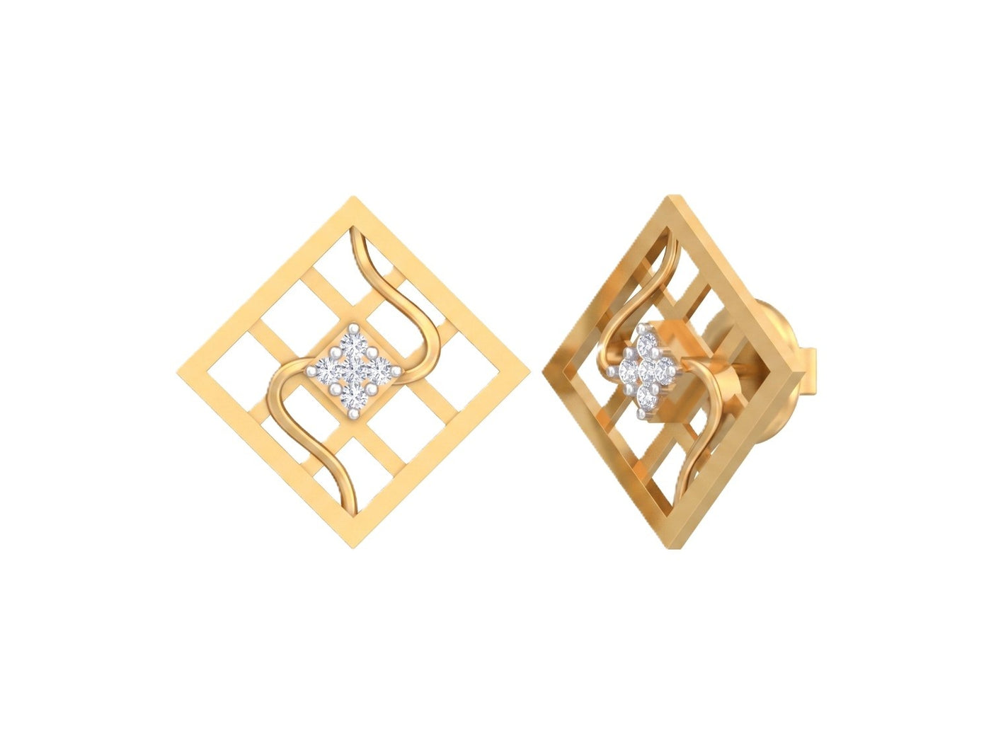 Yellow gold and diamond earrings on a white background.