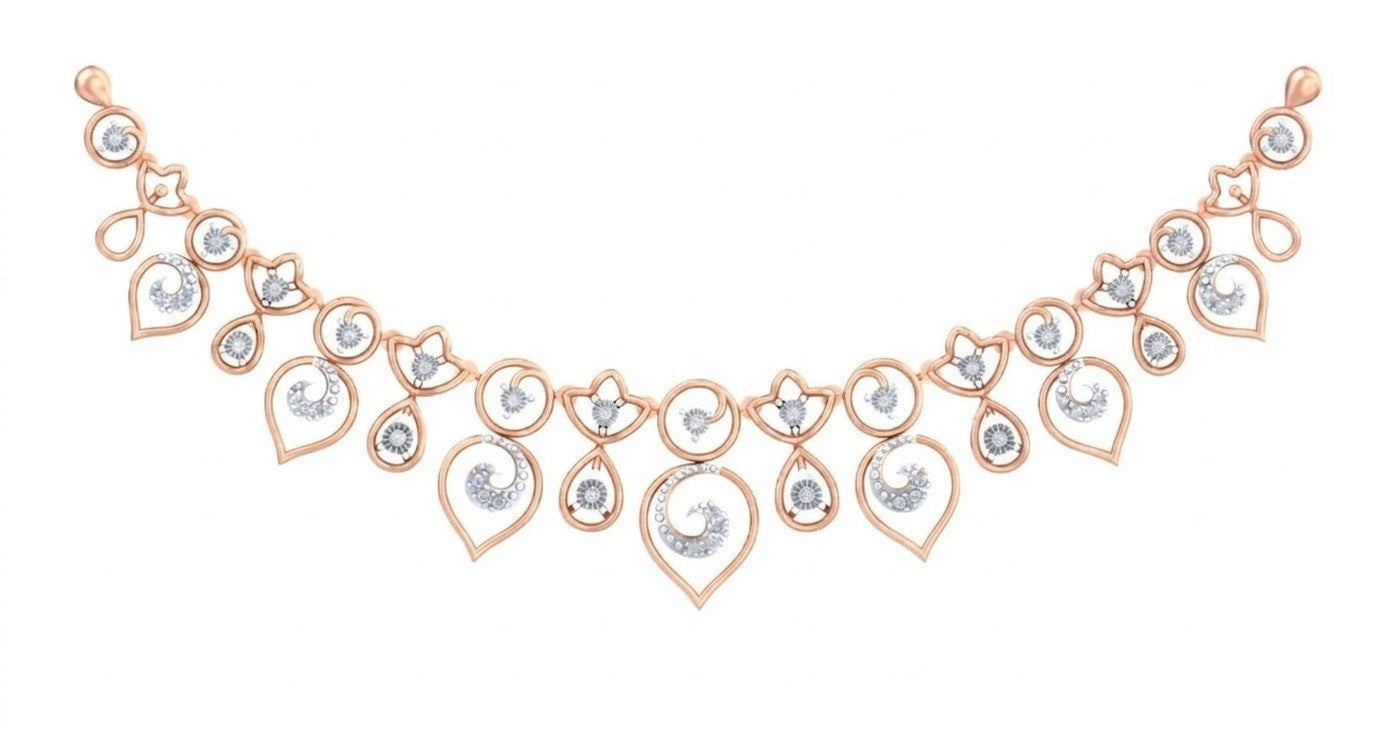 Rose Gold necklace with diamonds on a white background