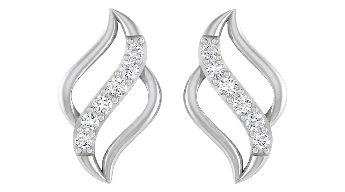 White gold and diamond swirl curve stud earring on a white background.