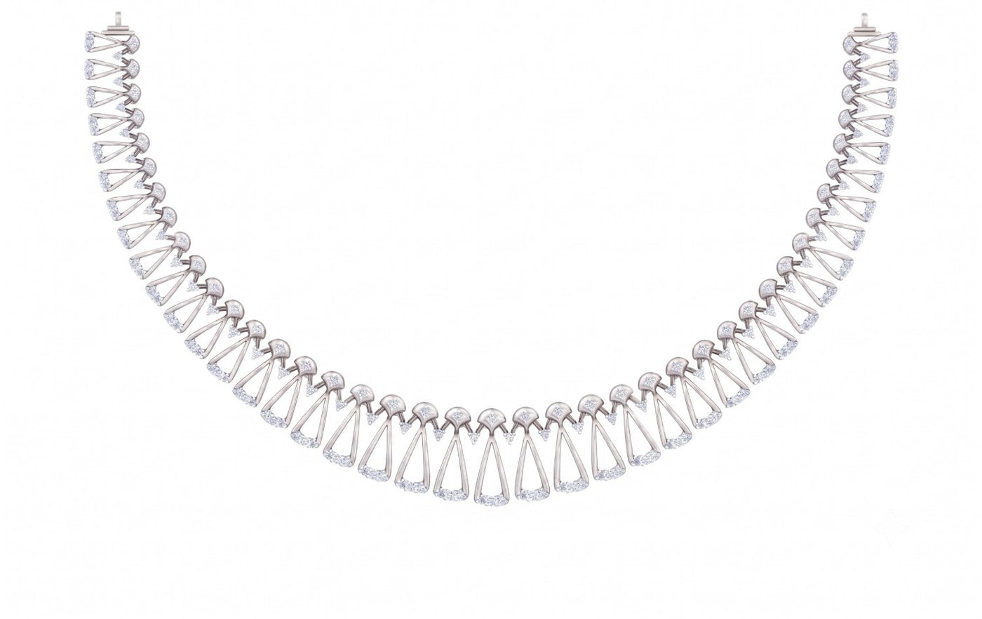 A white gold and diamond necklace on a clean white background. The necklace features a curved design with alternating rows of gold teardrop design.