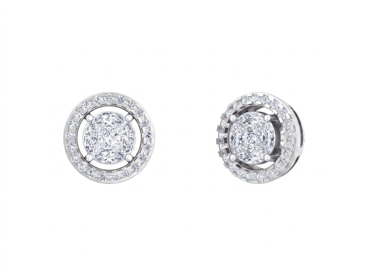 White gold earrings with clear gemstones on a white background