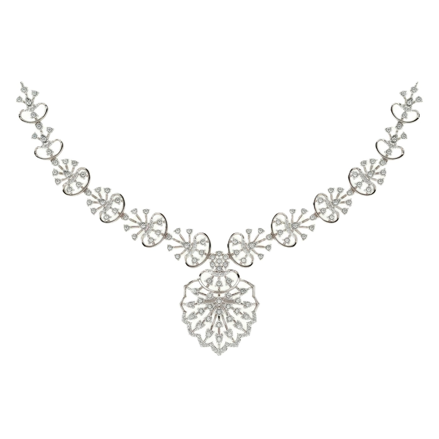 Elegant white gold necklace with floral designs on a white background
