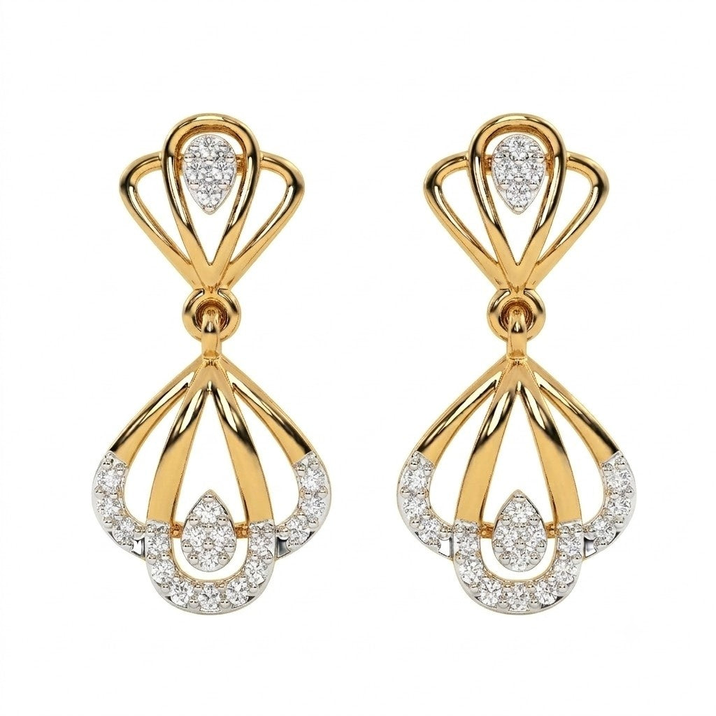 Yellow gold and diamond drop earrings on a white background