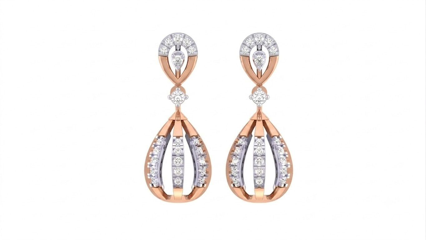 Rose gold and diamond drop earring with teardrop-design on a white background.