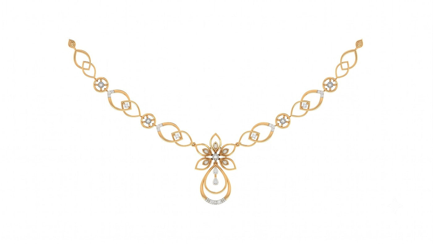 A yellow gold  and diamond necklace with a central floral pendant, displayed on a solid white background.