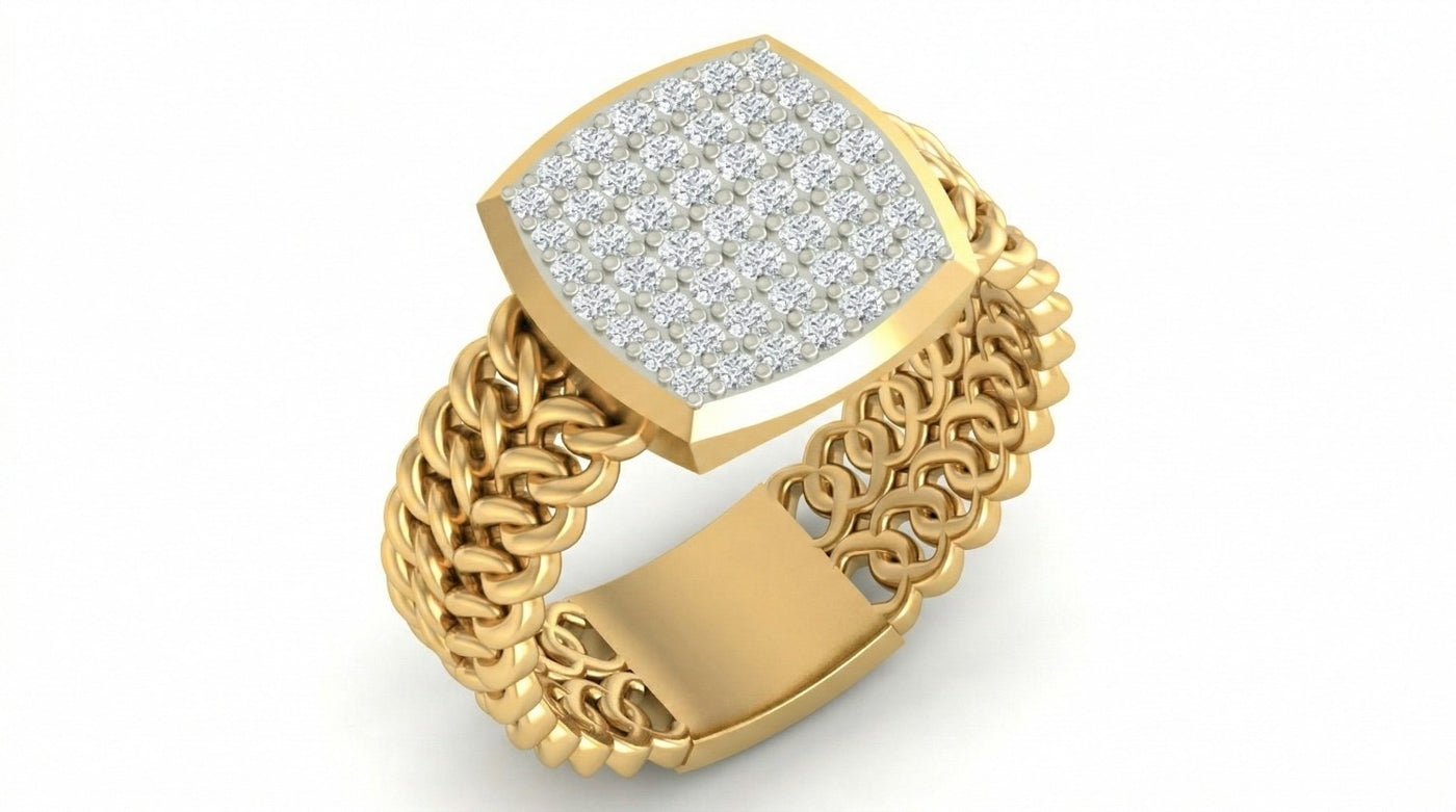 Yellow gold ring with diamond-studded band on a white background