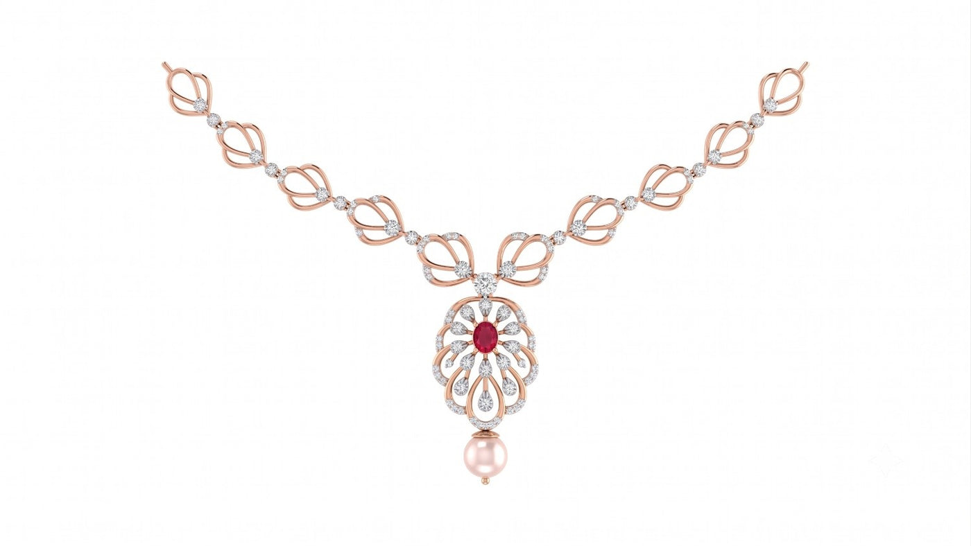 A rose gold and diamond necklace featuring a central pendant with a red ruby stone, clear diamond accents, set against a plain white background.