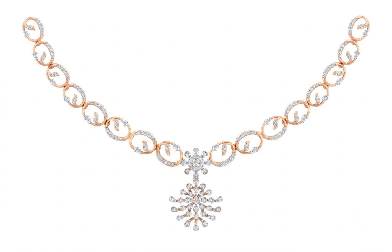 A rose gold and diamond necklace featuring repeating oval links paved, shown on a plain white background.