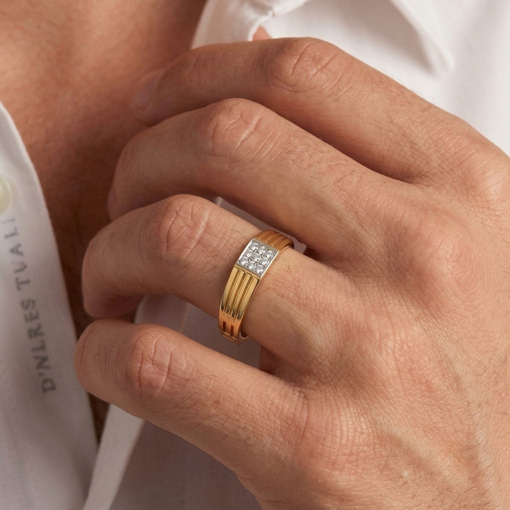 Close-up Shot of a Gold & Diamond Textured Band Ring For Men.