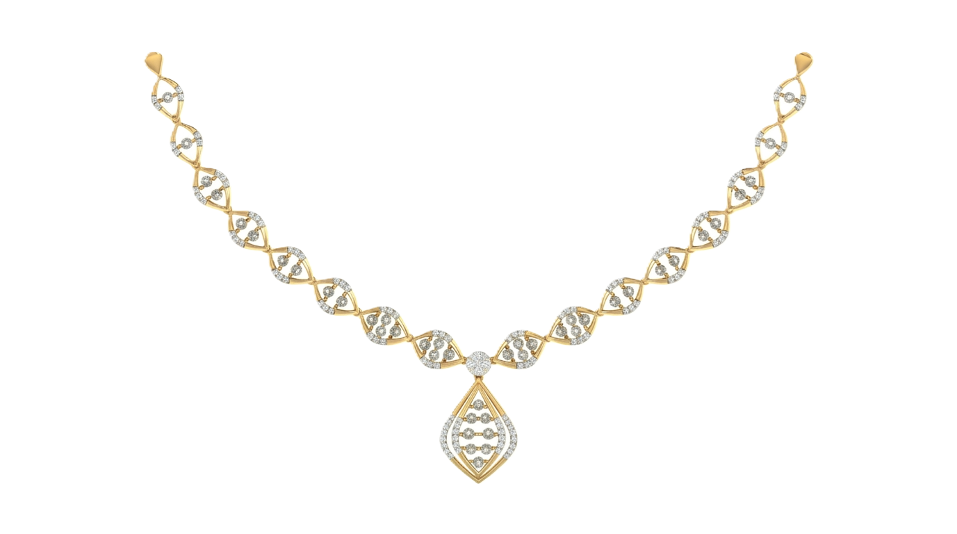 Yellow gold and diamond necklace on a white background