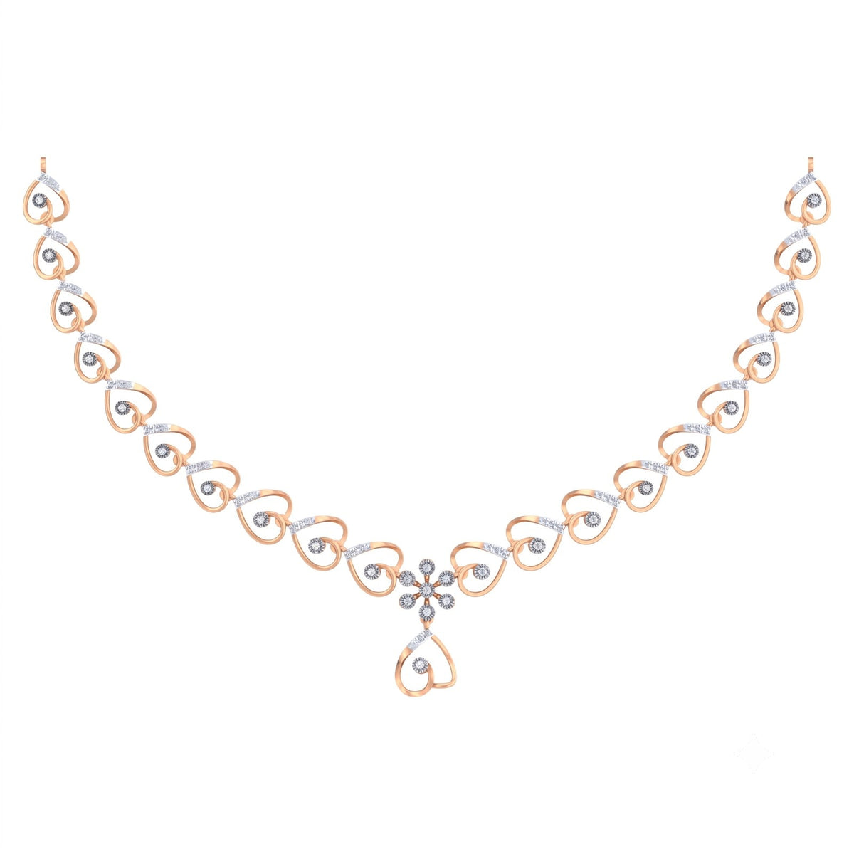 A rose gold necklace featuring a repeating heart-shaped link pattern, a central floral motif, shown on a plain white background.