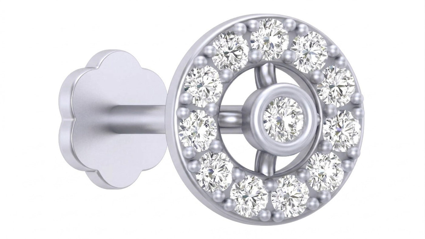 White gold and diamond stud nose pin on a white background