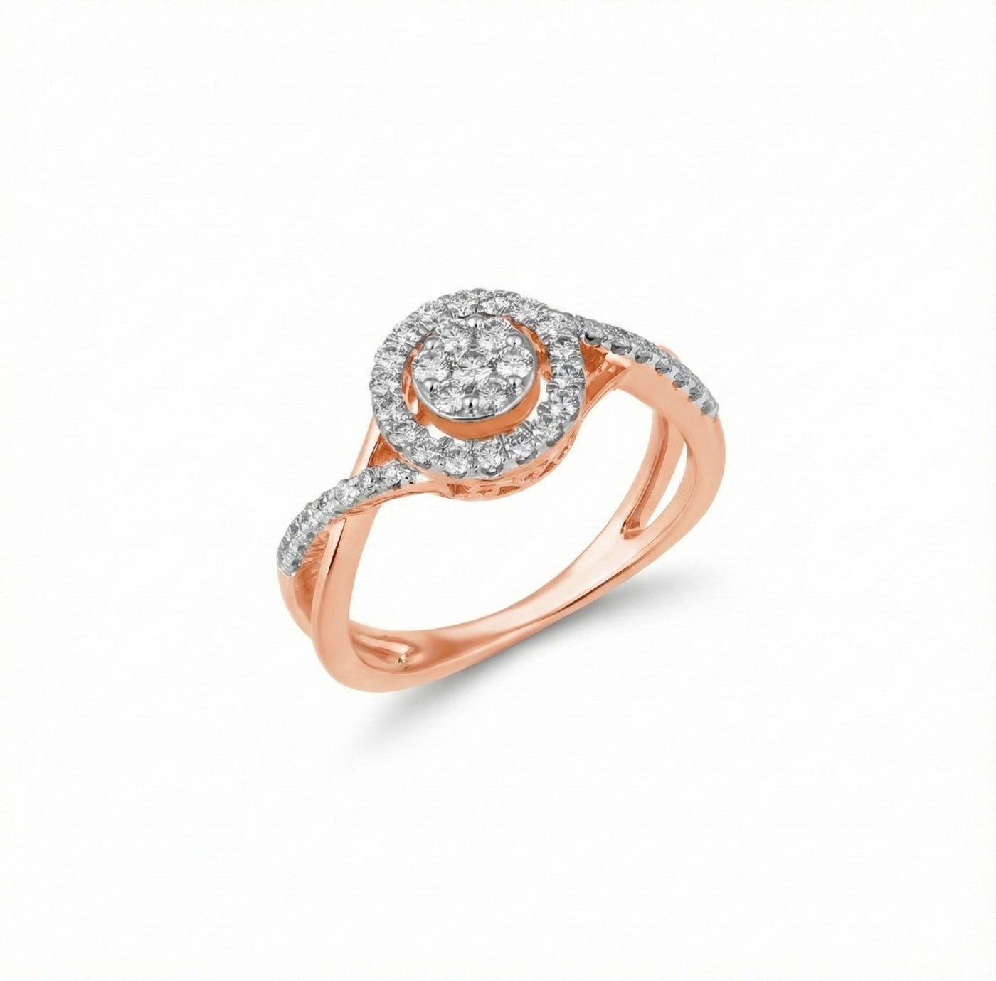 Rose gold ring with diamond accents on a white background