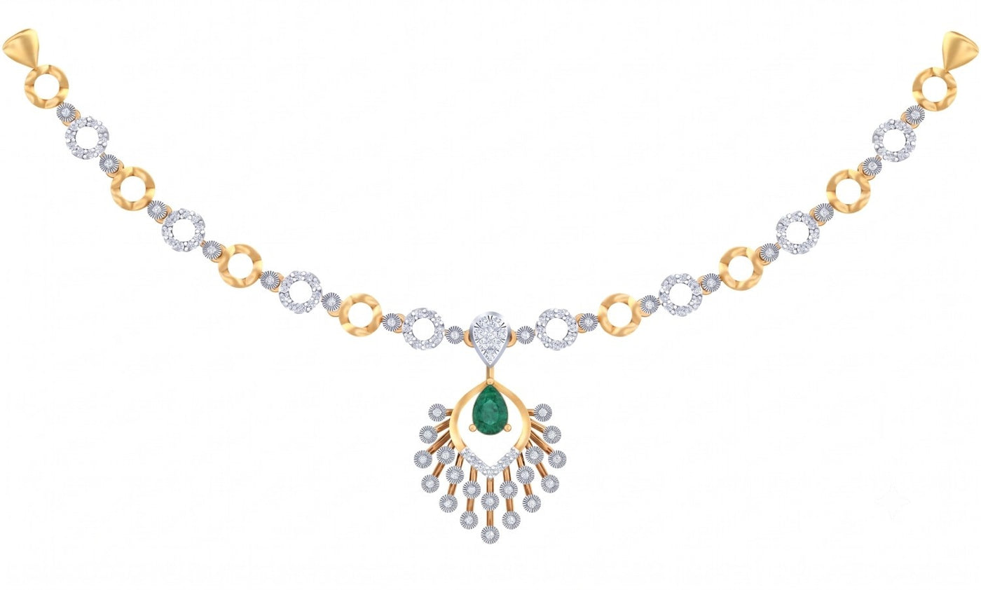 A yellow gold and diamond necklace featuring a central emerald-cut green teardrop on a white background.