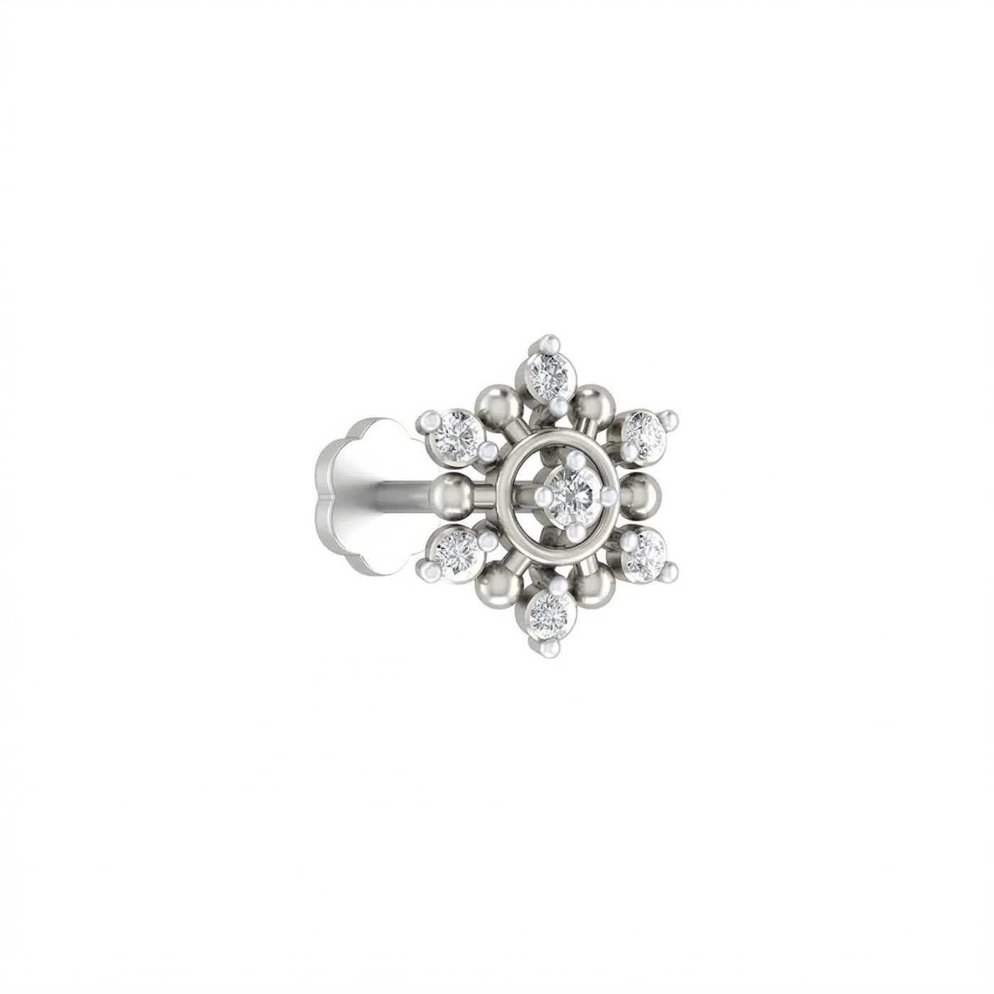white gold and diamond stud nose pin with circular center and sparkling diamond accents throughout