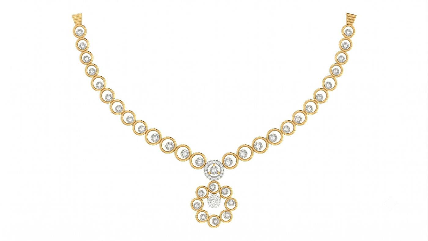 Yellow gold and diamond necklace set on a white background.