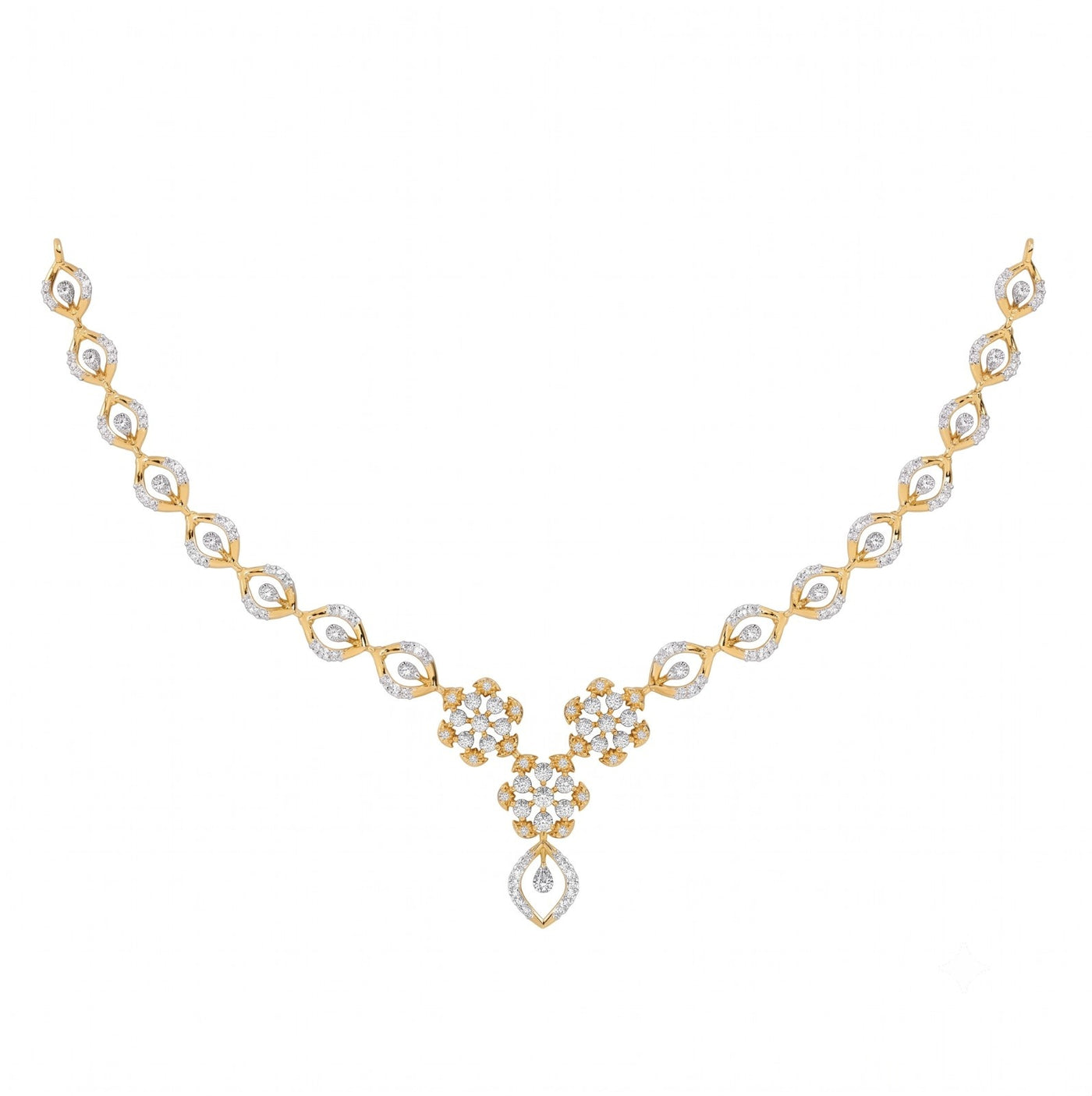 Gold and diamond necklace with a V-shaped, featuring round and teardrop-cut in a yellow gold on a white background.