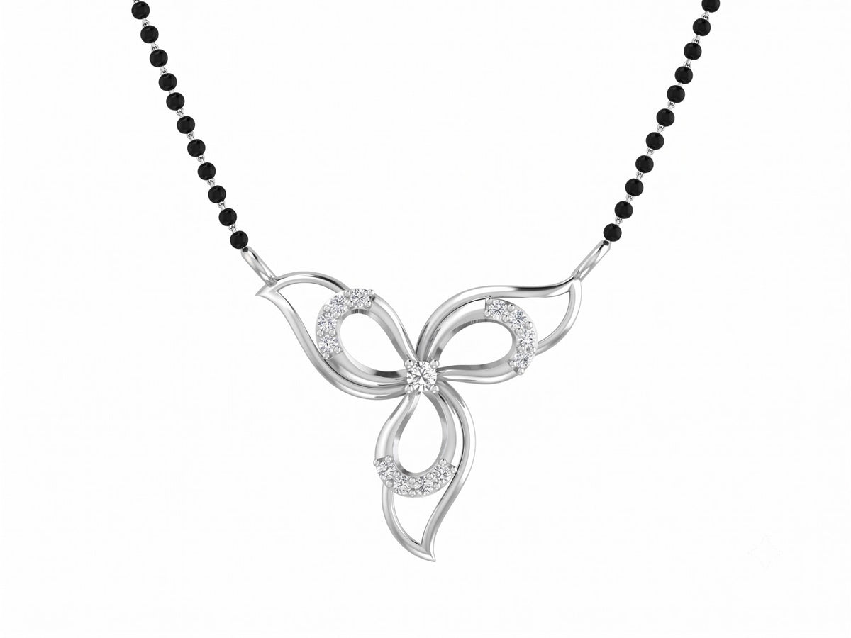 White Gold and diamond butterfly mangalsutra on a black beaded against a white background
