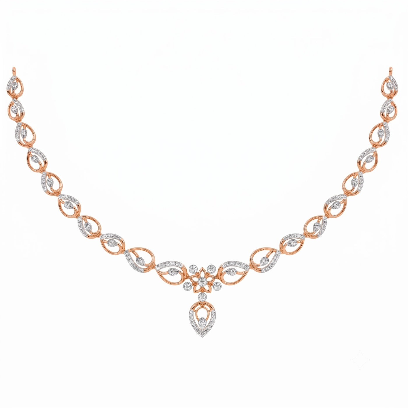 A rose gold and diamond necklace with a teardrop-shaped, displayed on a solid white background.