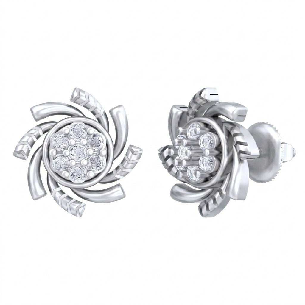 White gold and diamond stud earring with floral-shaped on a white background.