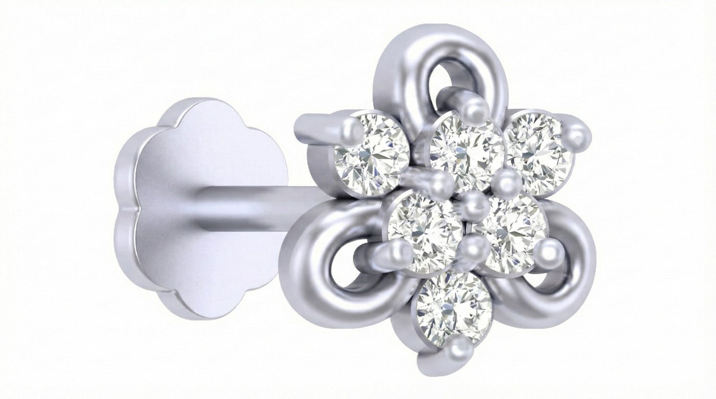 white gold and diamond stud nose pin with floral design on a white background