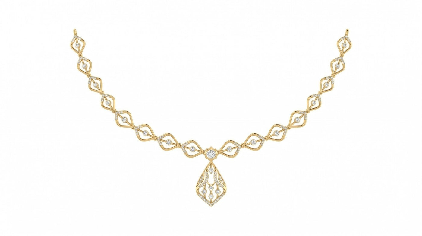Yellow gold necklace with geometric design on a white background