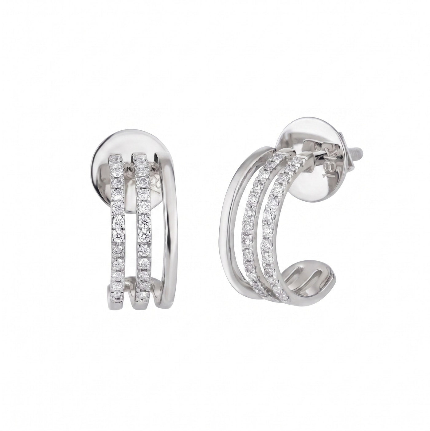 Gold & diamond double row half hoop stud earrings for women in white gold on a white background.