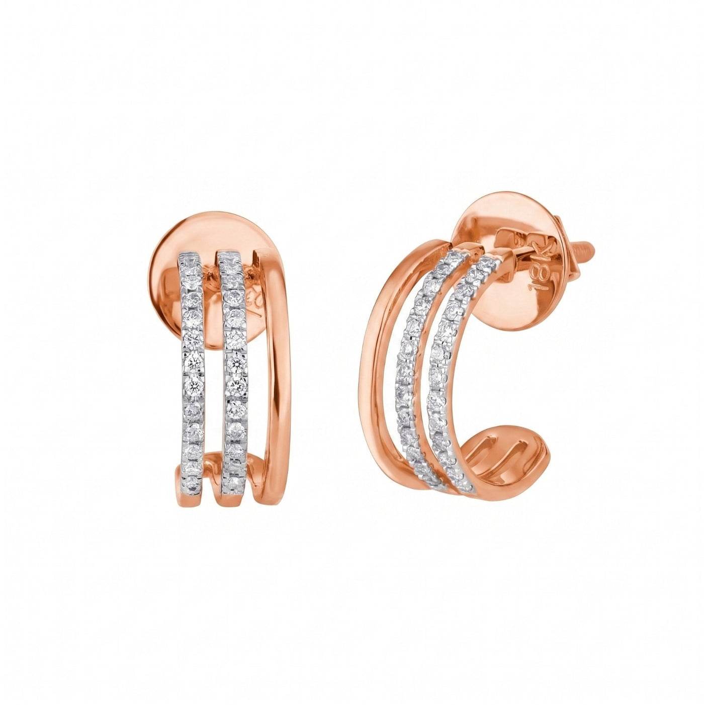 Gold & diamond double row half hoop stud earrings for women in rose gold on a white background.