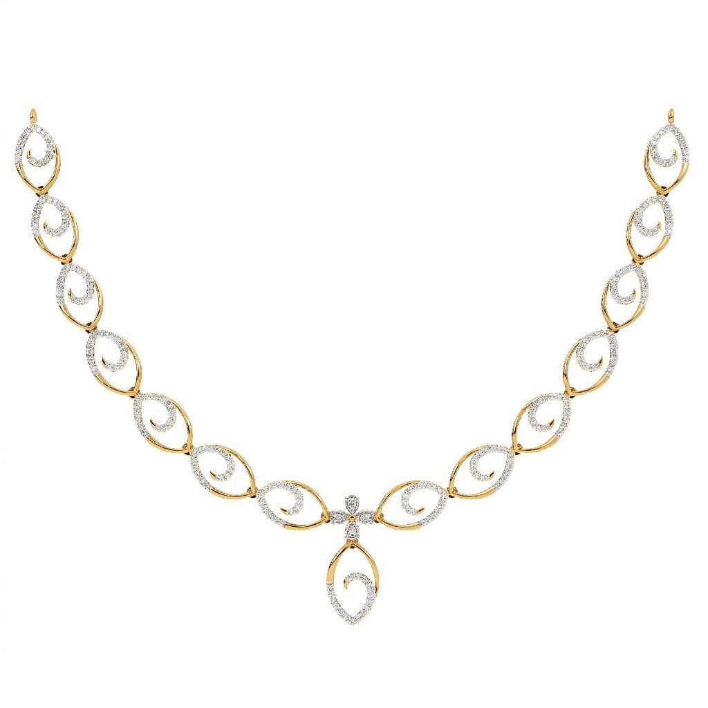 A yellow gold and diamond necklace featuring a series of interlocking oval links, displayed on a clean white background.