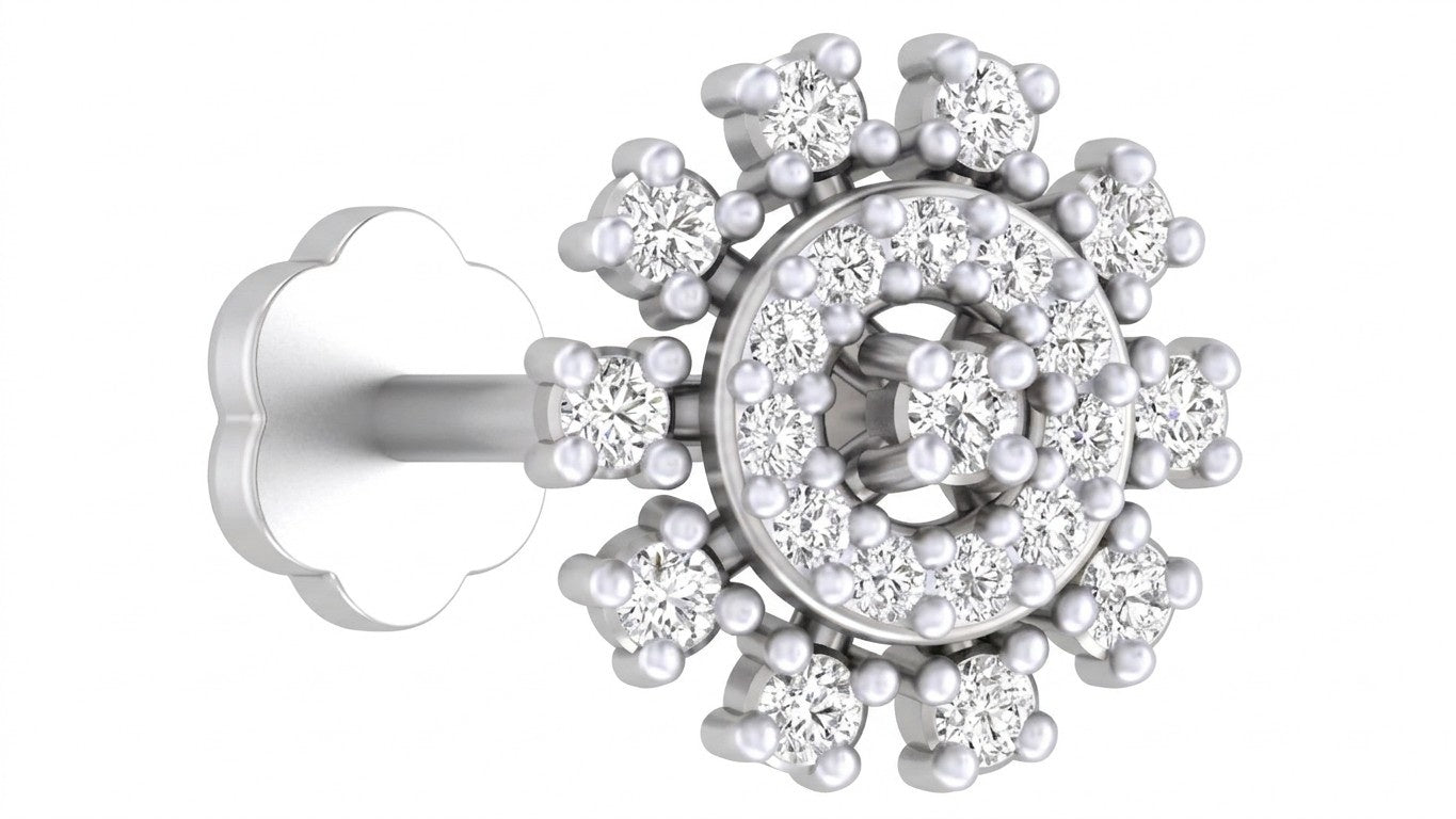 White gold and diamond stud nose pin with clear gemstones on a beige background