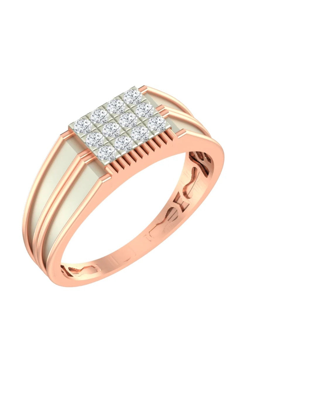 A rose gold ring with a square diamond pavé setting and a central white inlay, shown on a plain white background.