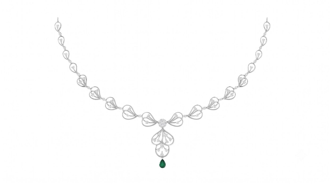 A white gold and diamond necklace featuring a green teardrop gemstone, shown on a plain white background.