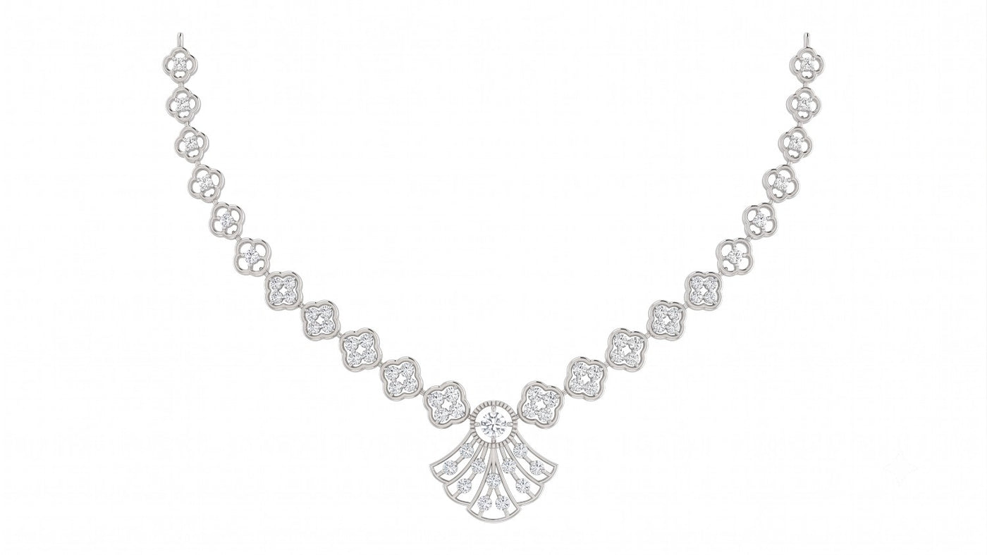 Silver gold and diamond necklace on a white background.
