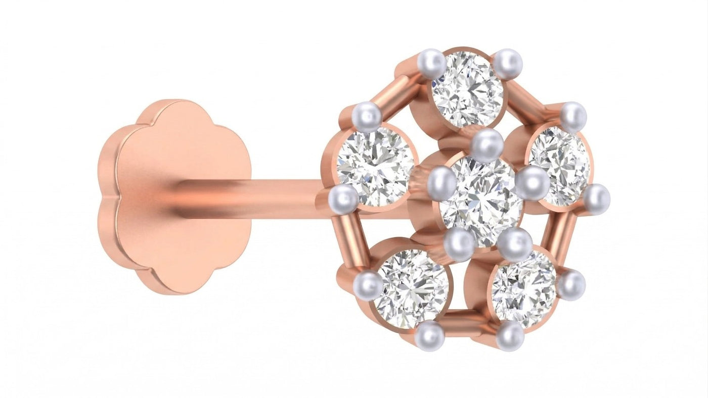 A rose gold and diamond stud nose pin, featuring seven round-cut clear gemstones arranged in a geometric pattern, shown on a plain white background.