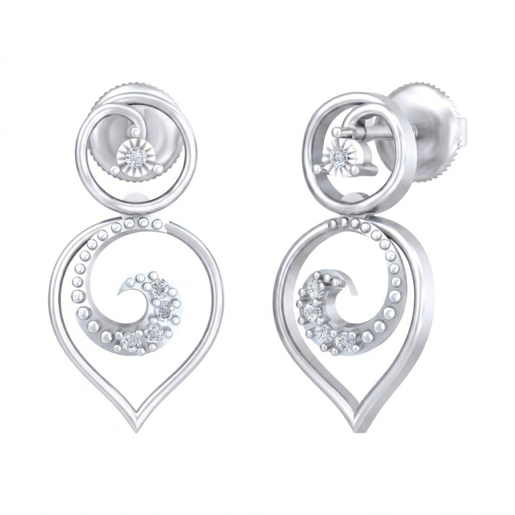White gold and diamond earrings with spiral design on a white background.