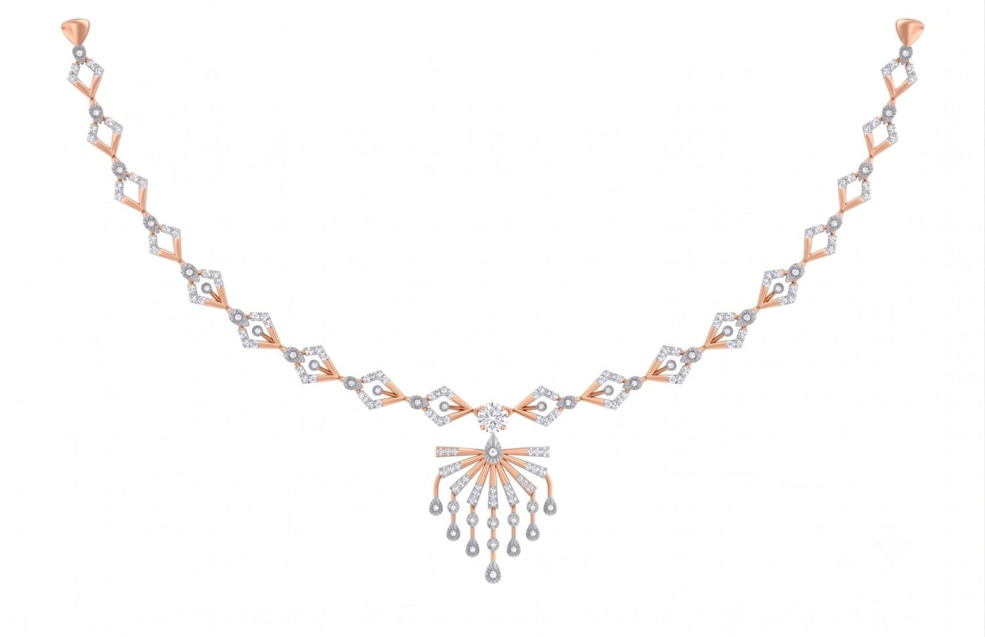 A rose gold and diamond necklace with a central sunburst, displayed on a solid white background.