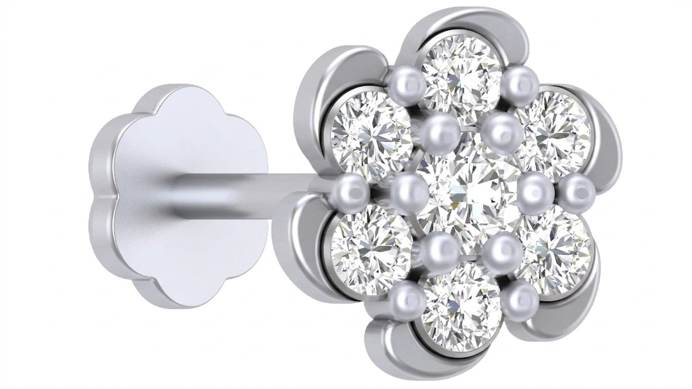 white gold and diamond stud nose pin with diamonds on a white background