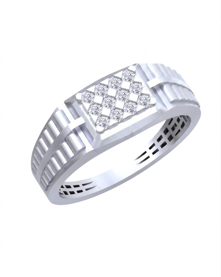 A men's ring featuring a white gold band with a textured design on a white background.