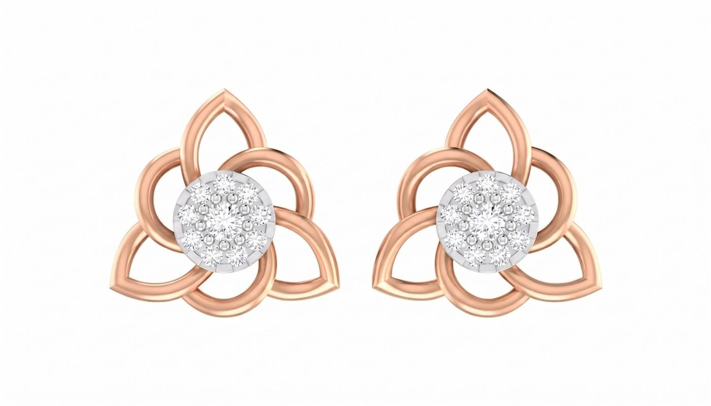 Rose Gold and diamond stud earrings with floral design on a white background