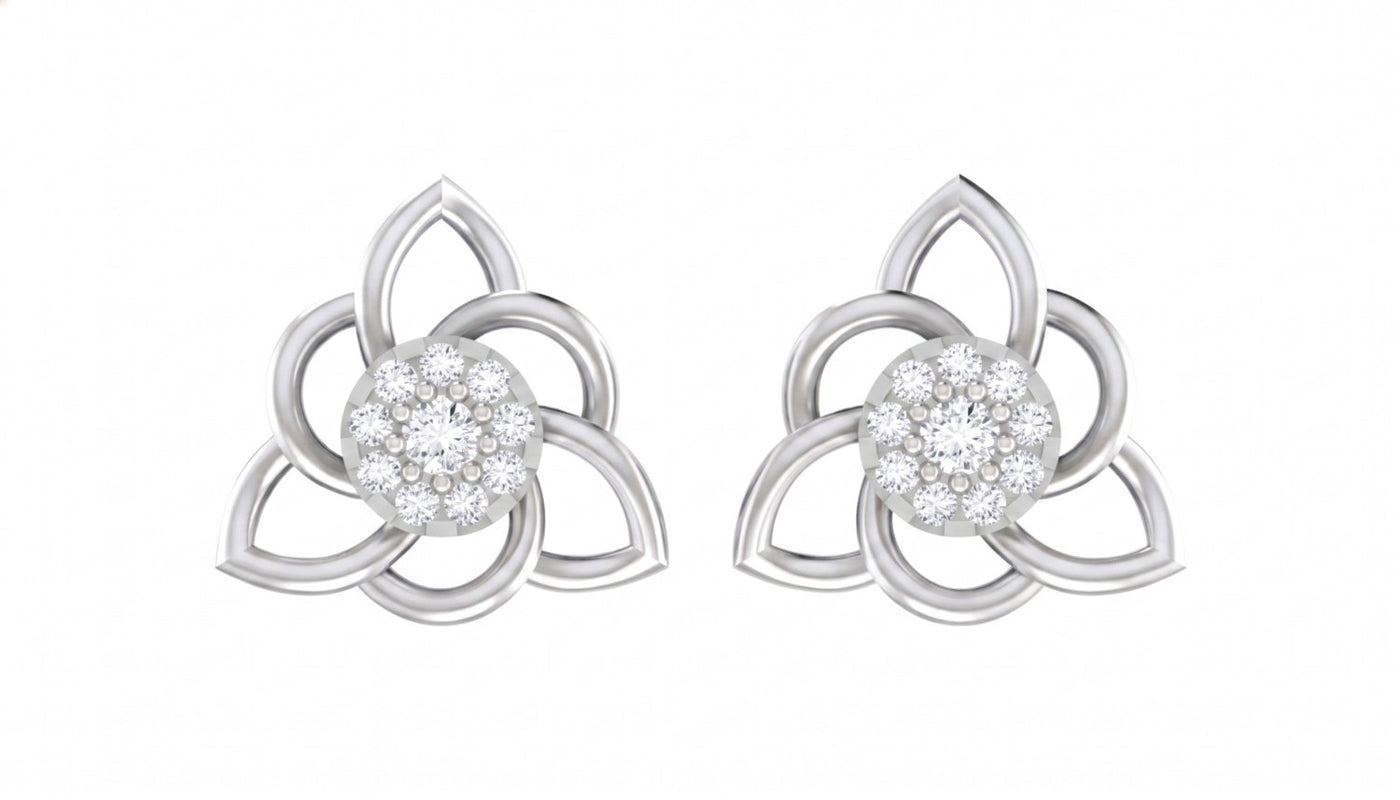 White Gold and diamond stud earrings with floral design on a white background