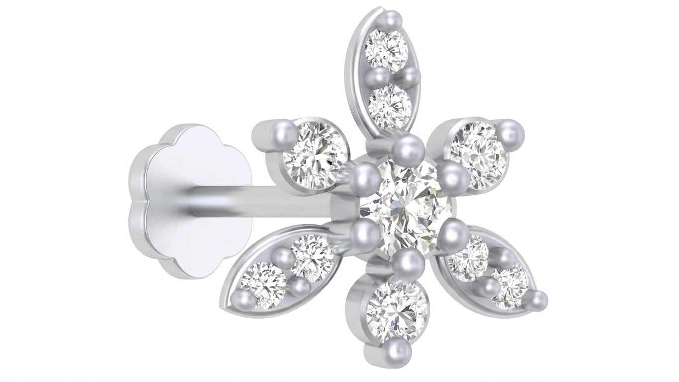 white gold and diamond stud nose pin on a white background