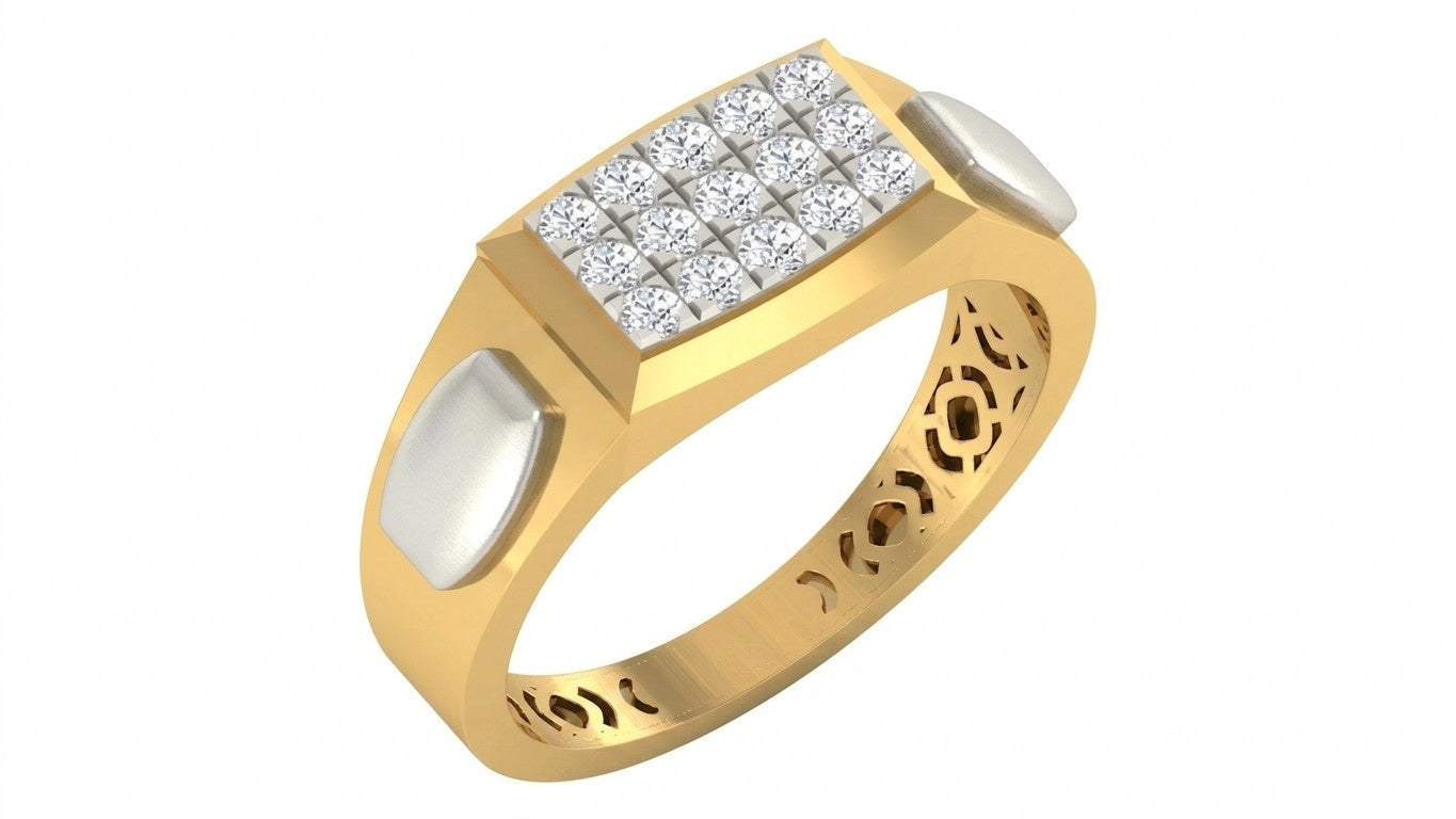 A men's yellow gold ring with a rectangular diamond cluster center, shown on a white background.