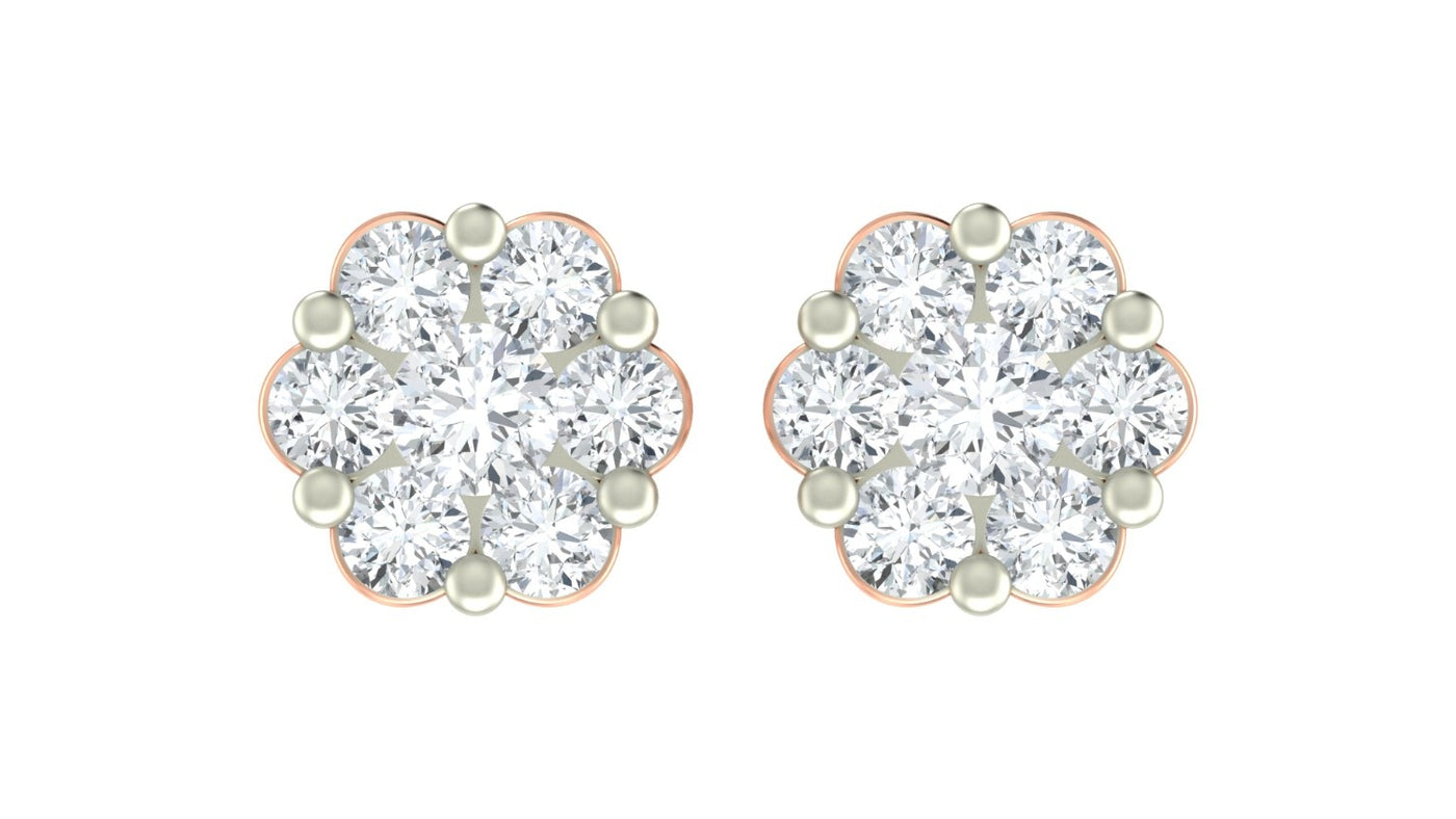 Pair of rose gold and diamond floral-design stud earrings on a white background.