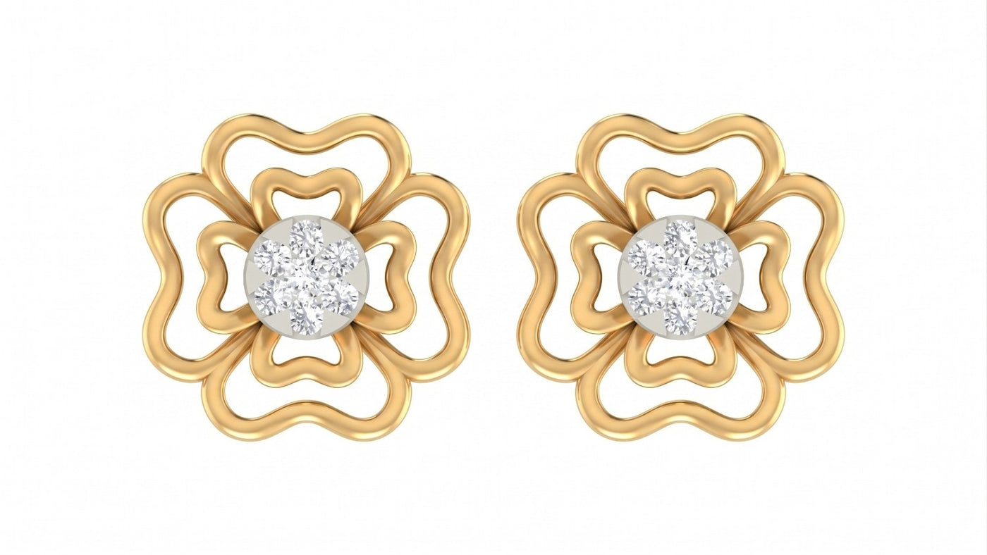 Yellow gold and diamond floral stud  earrings on a white background