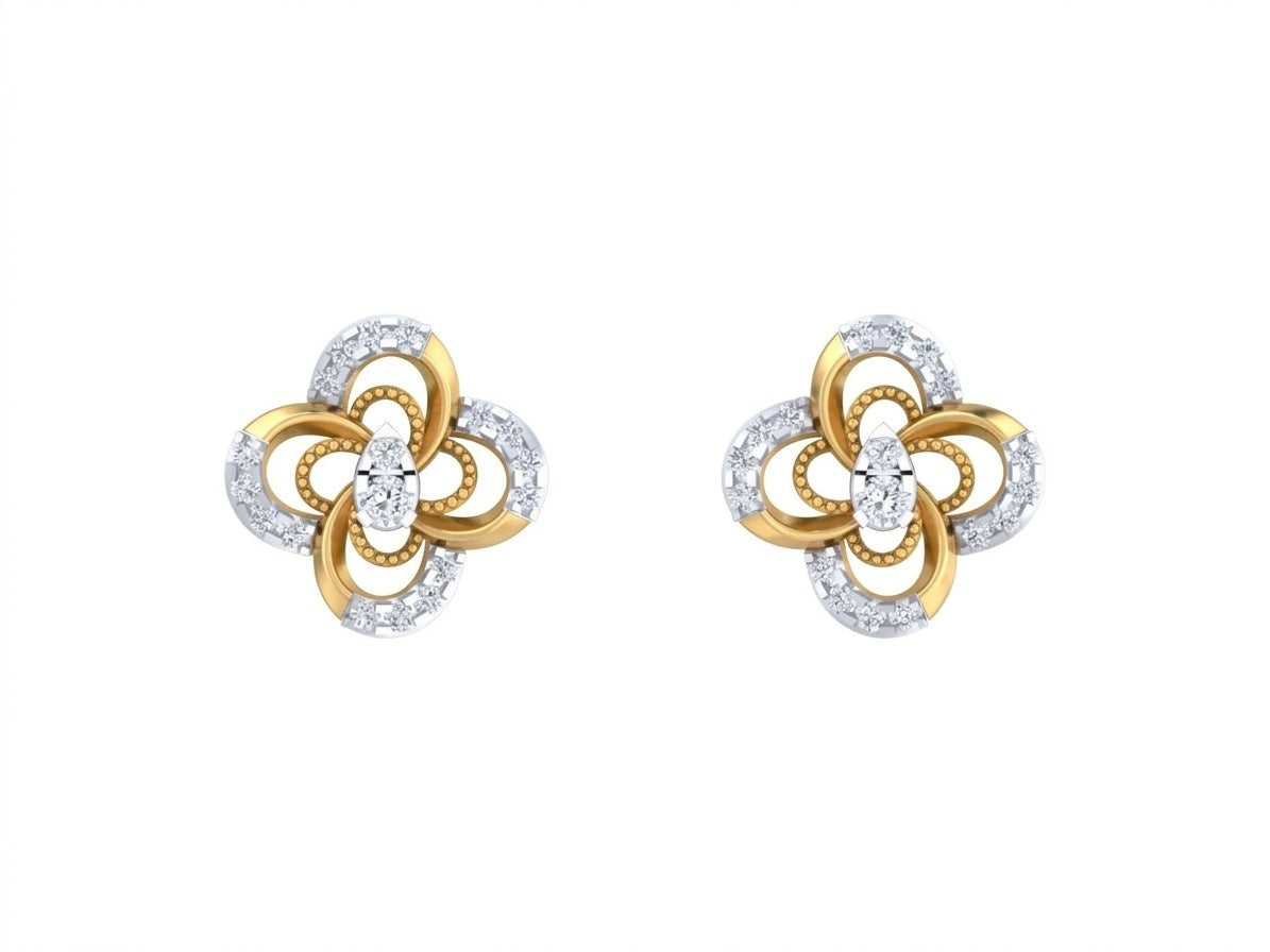 Yellow gold and diamond stud earring with floral-design on a white background.