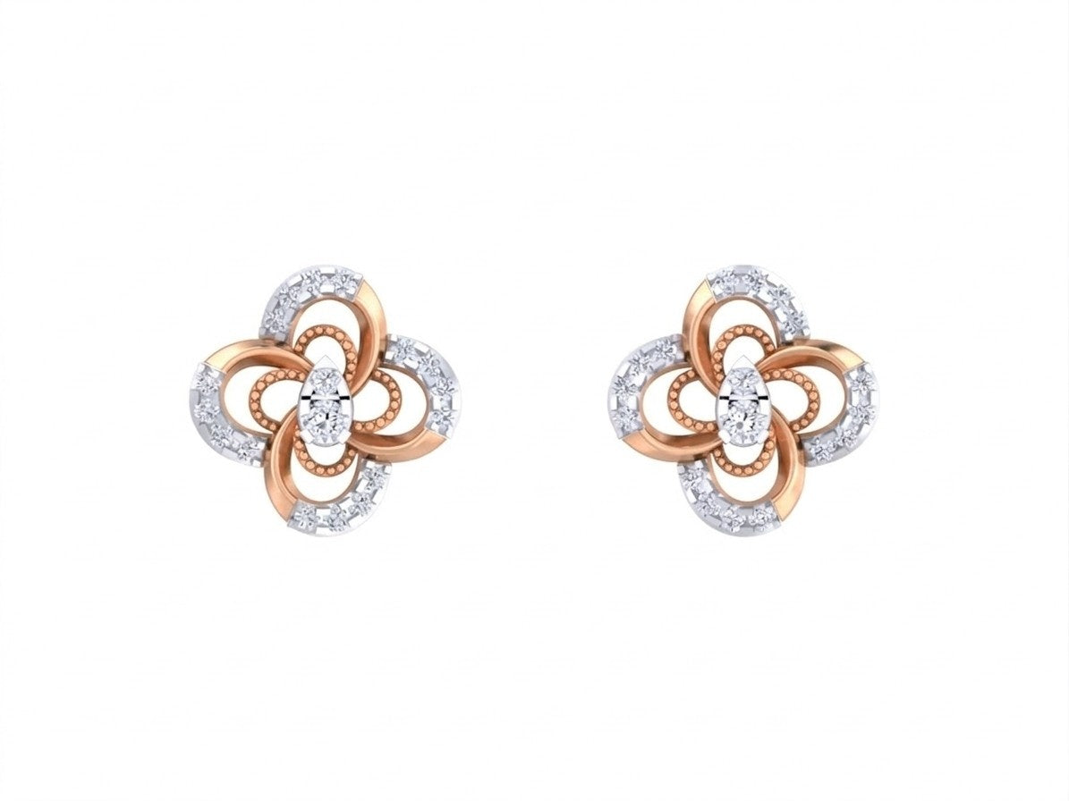 Rose gold and diamond stud earring with floral-design on a white background.